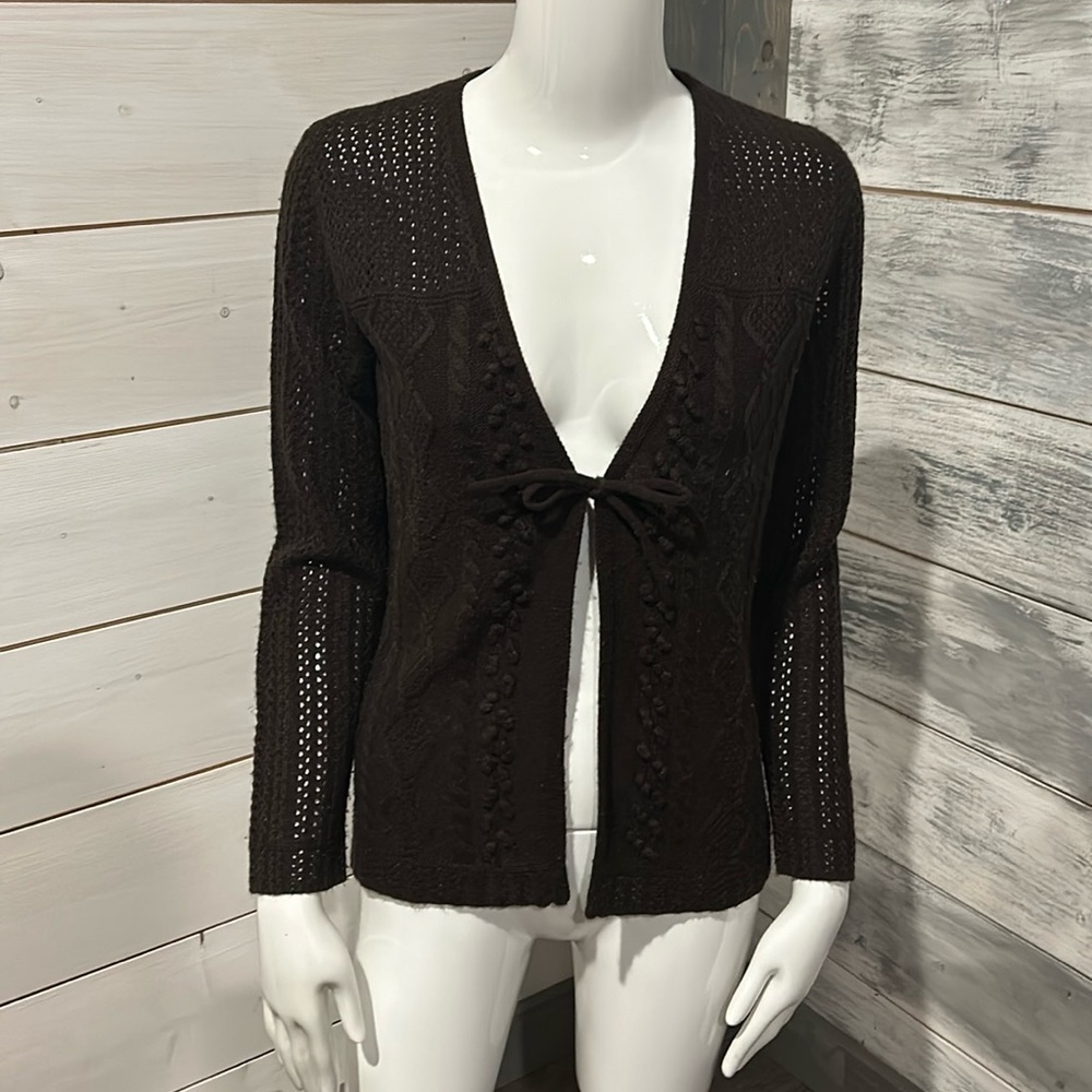 Open front, front tie sweater.